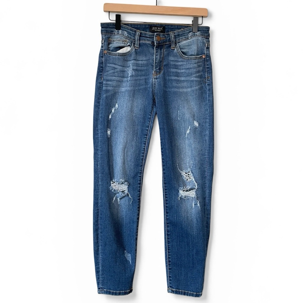 Judy Blue Relaxed Fit Skinny Distressed Denim Jean Womens 9/29 Mid Rise Shredded